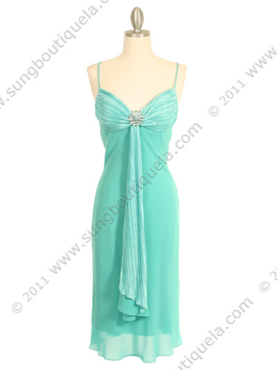 3574 Pleated Satin Top Turquoise Dress - Turquoise, Front View Medium