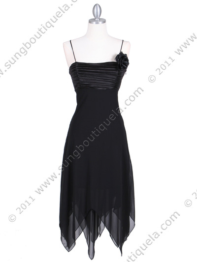 3584 Black Pleated Satin Top Dress - Black, Front View Medium