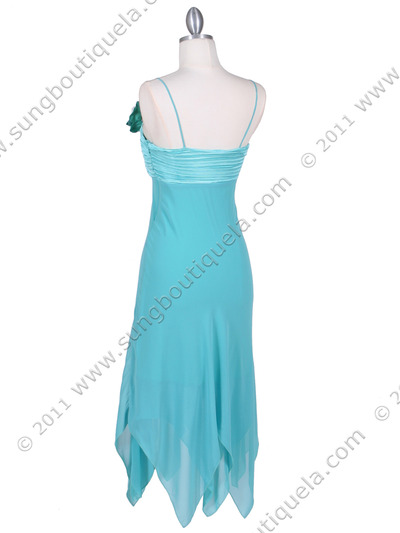 3584 Turquoise Pleated Satin Top Dress - Turquoise, Back View Medium