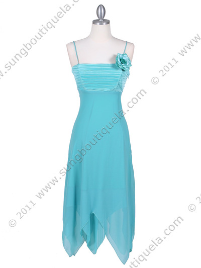 3584 Turquoise Pleated Satin Top Dress - Turquoise, Front View Medium