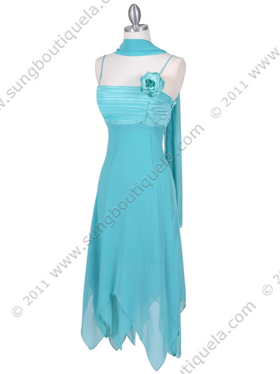 3584 Turquoise Pleated Satin Top Dress - Turquoise, Alt View Medium