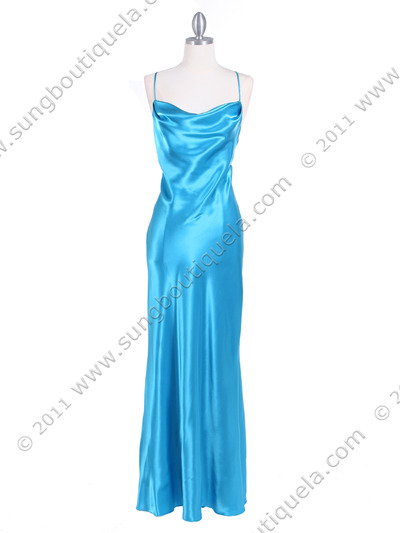 3660 Turquoise Silky Satin Evening Dress - Turquoise, Front View Medium