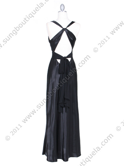 3687 Black Satin Evening Dress - Black, Back View Medium