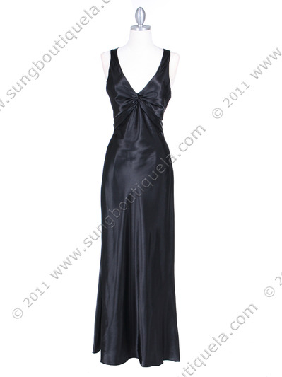 3687 Black Satin Evening Dress - Black, Front View Medium