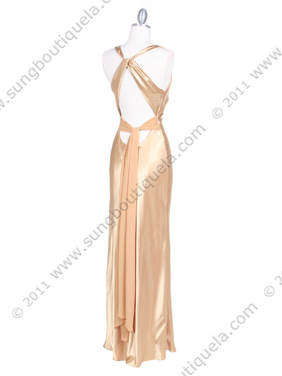 3687 Gold Satin Evening Dress - Gold, Back View Medium