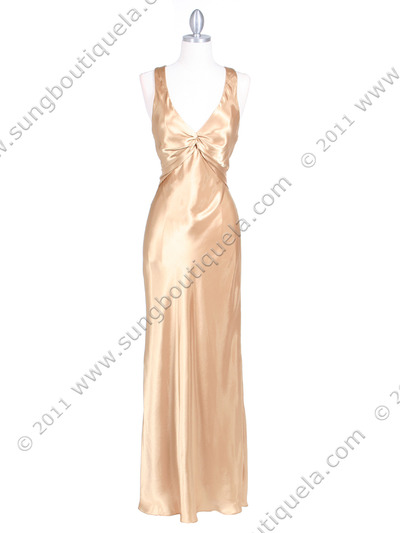 3687 Gold Satin Evening Dress - Gold, Front View Medium