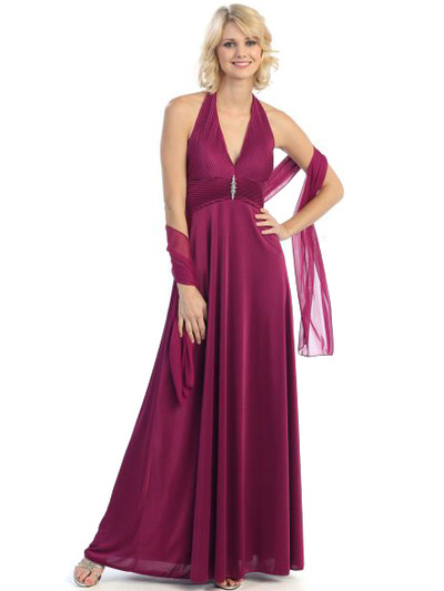 3731 Pleated Halter Evening Dress - Plum, Front View Medium