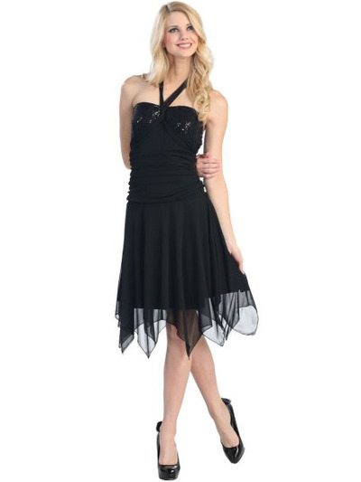 3743 Chiffon Halter Cocktail Dress - Black, Front View Medium