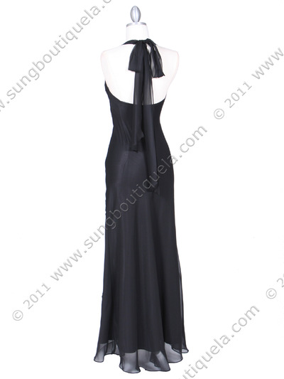 3762 Black Chiffon Halter Evening Dress - Black, Back View Medium