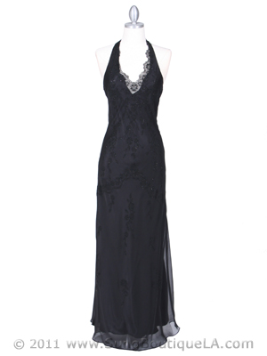 3762 Black Chiffon Halter Evening Dress, Black