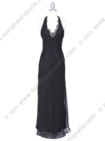 3762 Black Chiffon Halter Evening Dress - Black, Front View Medium