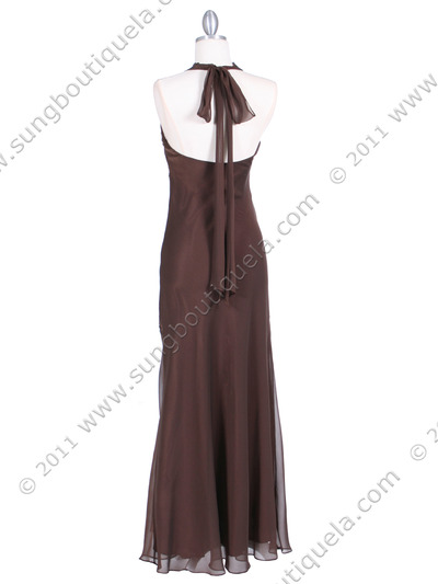 3762 Brown Chiffon Halter Evening Dress - Brown, Back View Medium