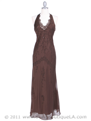 3762 Brown Chiffon Halter Evening Dress, Brown