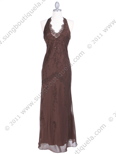 3762 Brown Chiffon Halter Evening Dress - Brown, Front View Medium