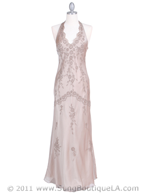 3762 Taupe Chiffon Halter Evening Dress, Taupe