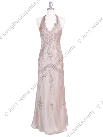 3762 Taupe Chiffon Halter Evening Dress - Taupe, Front View Medium