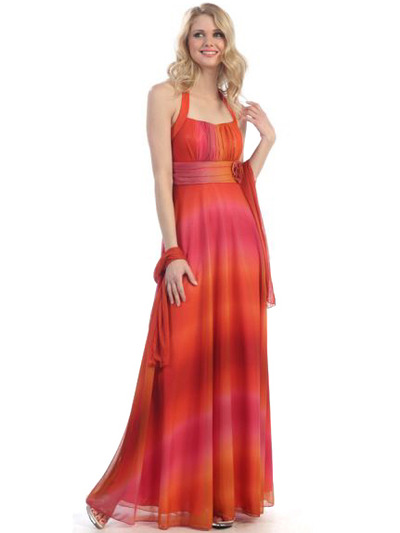 3767 Two Tone Halter Evening Dress - Orange Rose, Front View Medium