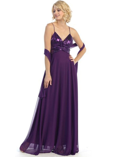 3776 Sequin Chiffon Evening Dress - Purple, Front View Medium