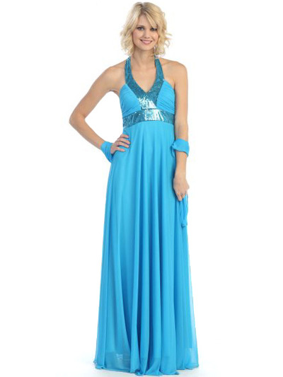 3777 Halter Sequin Evening Dress - Turquoise, Front View Medium