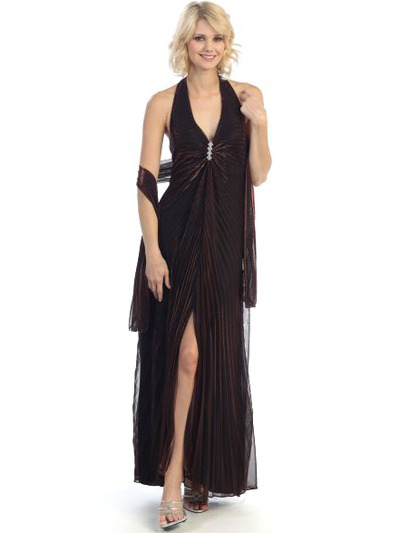 3795 Shimmer Halter Pleated Evening Dress - Bronze Black, Front View Medium