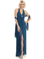 3796 Halter Pleated Evening Dress - Teal, Front View Thumbnail