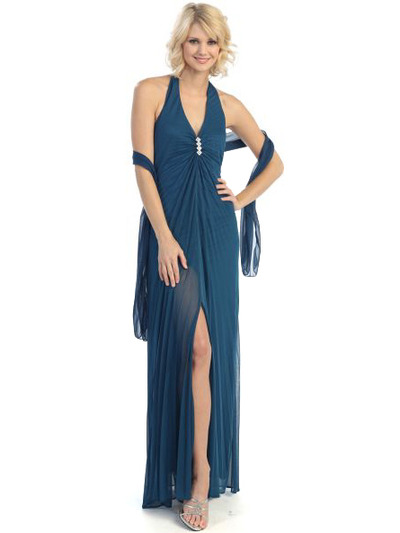 3796 Halter Pleated Evening Dress - Teal, Front View Medium