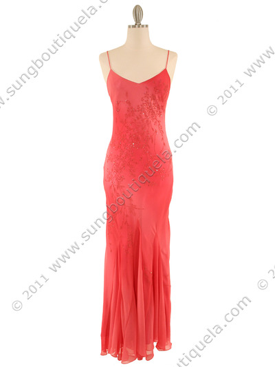 3845 Coral Tie Dye Evening Dress - Coral, Front View Medium