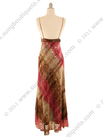 3852 Coral Printed Sequins Dress - Coral, Back View Medium