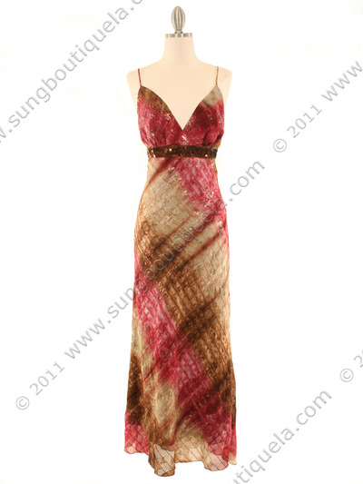 3852 Coral Printed Sequins Dress - Coral, Front View Medium
