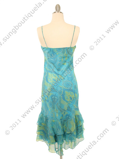 3866 Aqua Scarf Printed Cocktail Dress - Aqua, Back View Medium