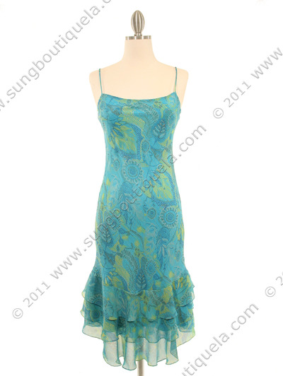 3866 Aqua Scarf Printed Cocktail Dress - Aqua, Front View Medium