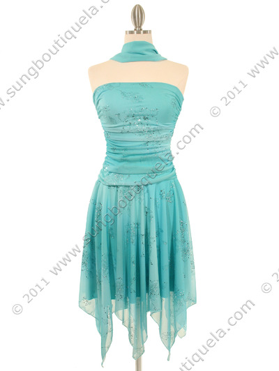 3874 Aqua Glitter Party Dress - Aqua, Front View Medium