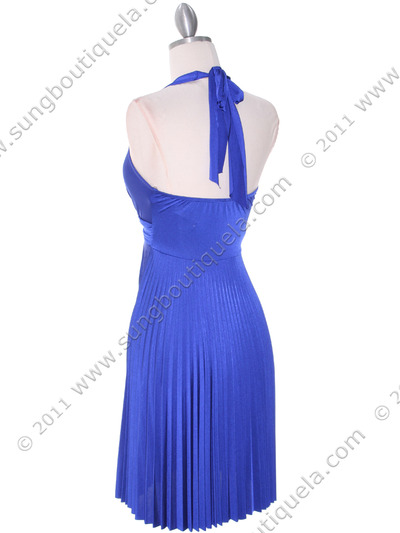3929D Blue Halter Pleated Dress with Rhinestone Buckle - Blue, Back View Medium