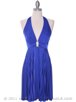 3929D Blue Halter Pleated Dress with Rhinestone Buckle, Blue