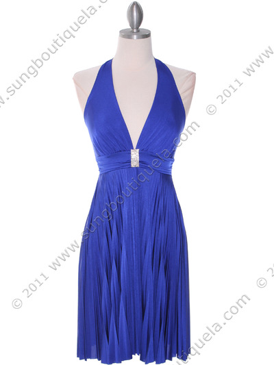 3929D Blue Halter Pleated Dress with Rhinestone Buckle - Blue, Front View Medium