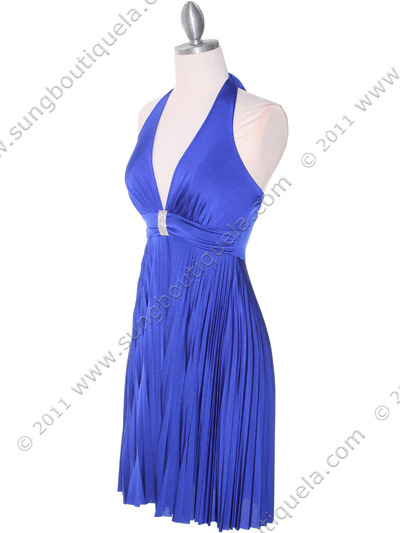 3929D Blue Halter Pleated Dress with Rhinestone Buckle - Blue, Alt View Medium
