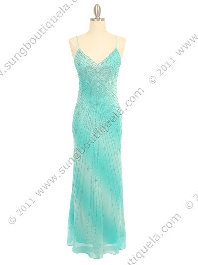 3959 Aqua Tie Dye Evening Dress - Aqua, Front View Medium