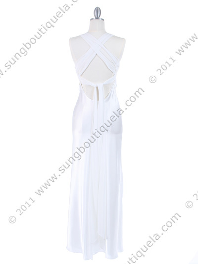3964 White Long Satin Evening Dress - White, Back View Medium