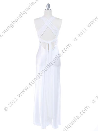 3964 White Long Satin Evening Dress - White, Back View Medium