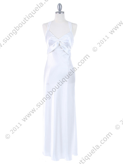 3964 White Long Satin Evening Dress - White, Front View Medium