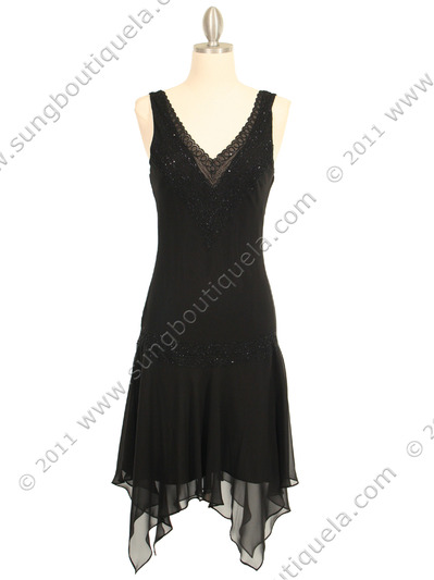 3971 Black 3/4 Length Beaded Cocktail Dress - Black, Front View Medium