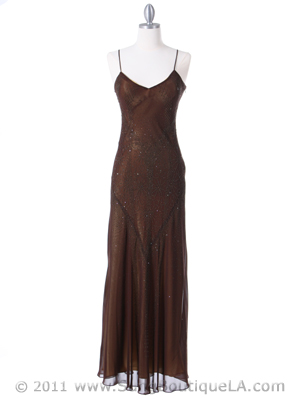 3991 Brown/Gold Mesh Chiffon Evening Dress, Brown Gold