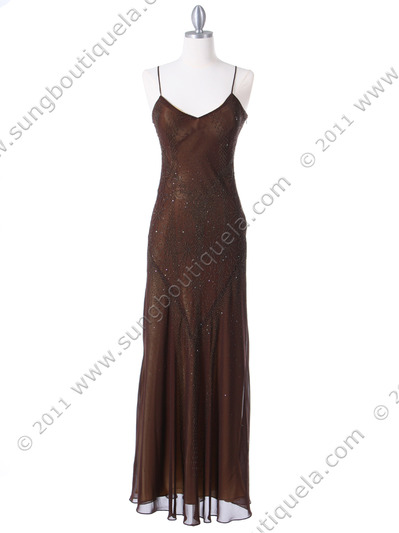 3991 Brown/Gold Mesh Chiffon Evening Dress - Brown Gold, Front View Medium