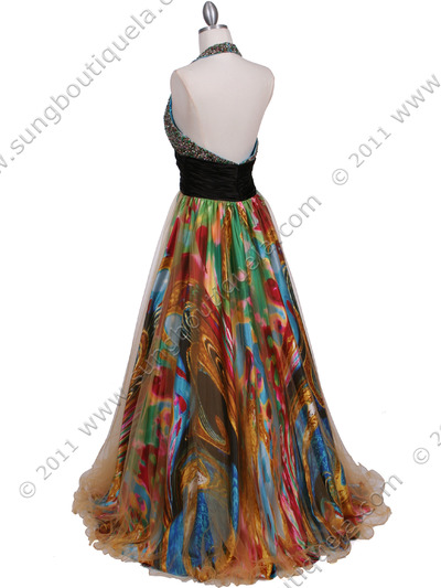 4007 Green Beaded Print Prom Dress - Green, Back View Medium