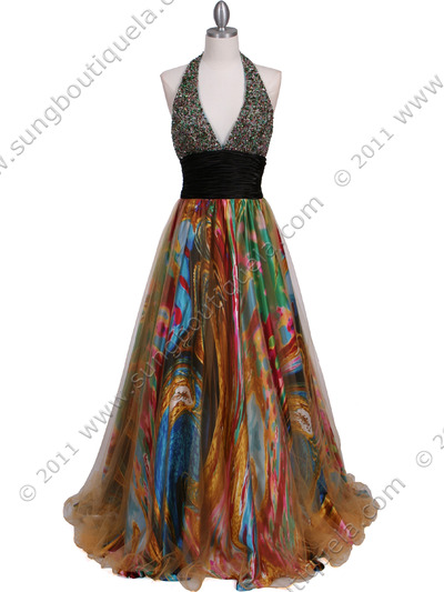 4007 Green Beaded Print Prom Dress - Green, Front View Medium