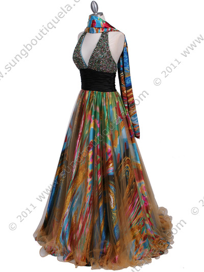 4007 Green Beaded Print Prom Dress - Green, Alt View Medium