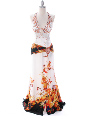 4020 White Halter Printed Evening Dress, White