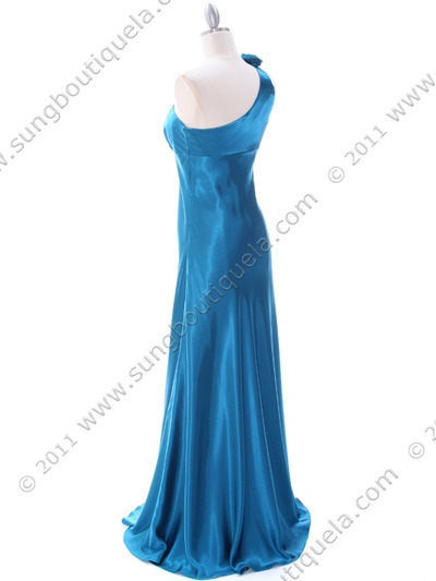 4021 Teal One Shoulder Evening Dress - Teal, Back View Medium