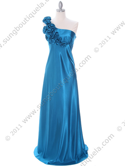 4021 Teal One Shoulder Evening Dress - Teal, Front View Medium
