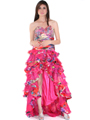 4040 Strapless High Low Ruffle Print Prom Dress - Fuschia, Front View Thumbnail